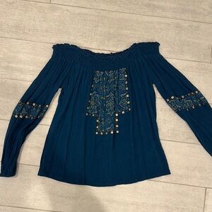 Blue off the shoulder long sleeve embellished blouse